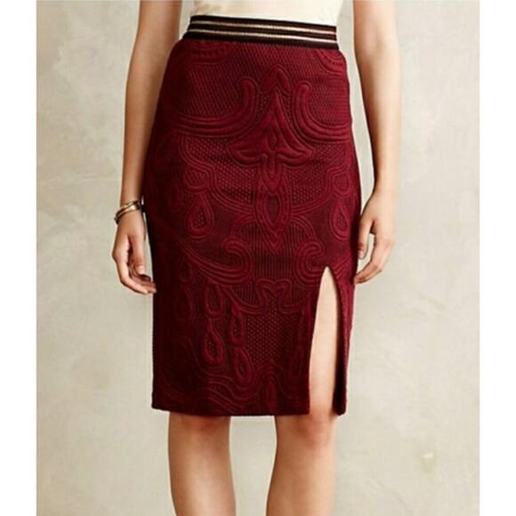 Anthropologie Maeve Quilted Skirt Slit Pull on Knee Length Red Maroon Small‎ S - Picture 1 of 7